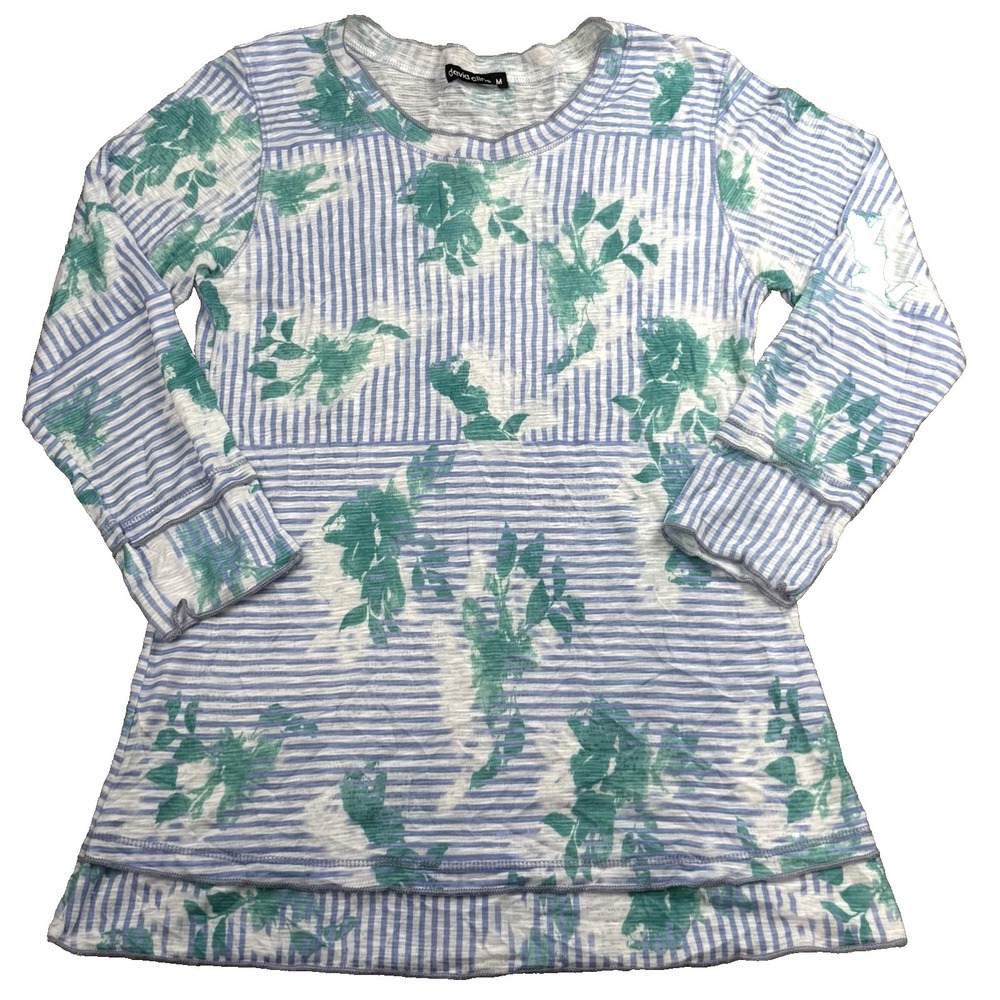 David Cline Crushed Tee Women M Floral Stripe Print 3/4 Sleeve Coastal Nautical